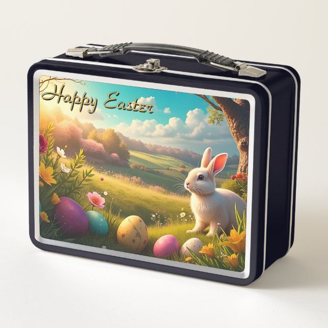 Happy Easter in a Spring Landscape Metal Lunch Box (Front)
