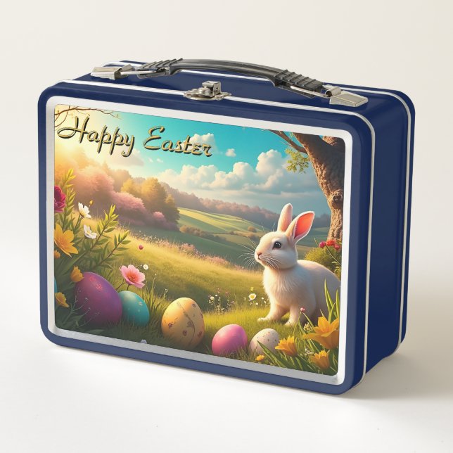 Happy Easter in a Spring Landscape Metal Lunch Box (Front)