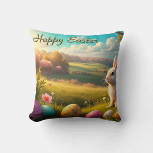 Happy Easter in a Spring Landscape Throw Pillow