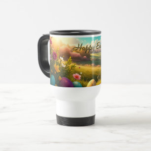 Happy Easter in a Spring Landscape Travel Mug