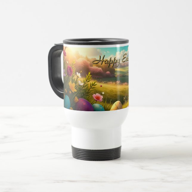 Happy Easter in a Spring Landscape Travel Mug (Front Left)