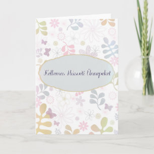 Happy Easter in Hungarian, teal, pink florals Holiday Card