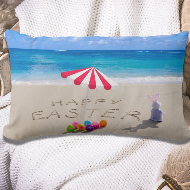 Happy Easter in the Sand Coastal Tropical Beach Lumbar Pillow (Creator Uploaded)
