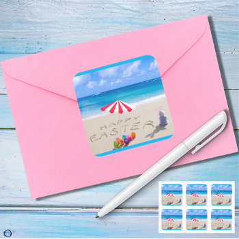 Happy Easter In The Sand Coastal Tropical Beach Square Sticker by Sozo4all at Zazzle