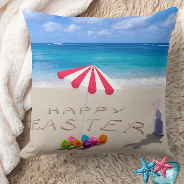 Happy Easter in the Sand Coastal Tropical Beach Throw Pillow (Creator Uploaded)