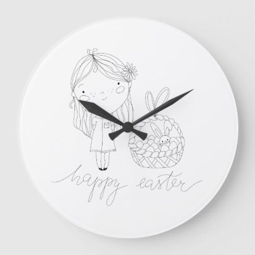 Happy Easter Ink Drawing Large Clock