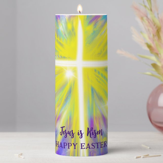 Happy Easter Jesus is Risen Abstract Cross Pillar Candle (In Situ)