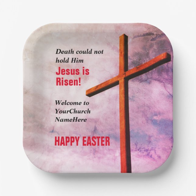 HAPPY EASTER | Jesus is Risen CHURCH Paper Plates (Front)