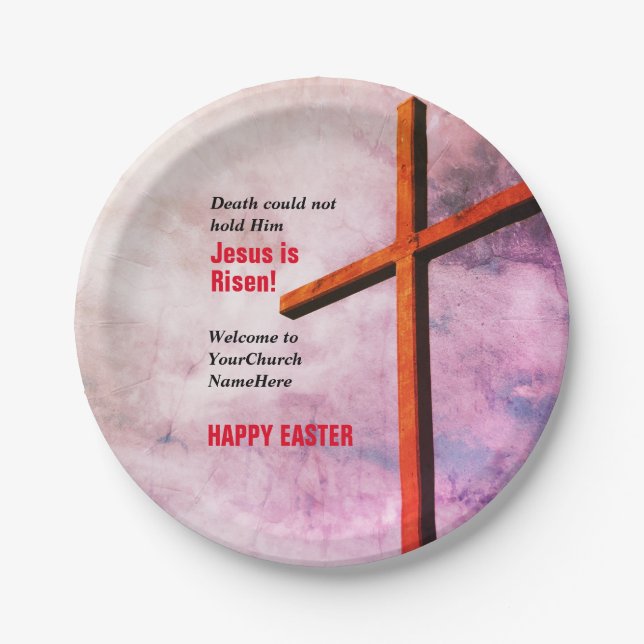 HAPPY EASTER | Jesus is Risen Church Party Paper Plates (Front)