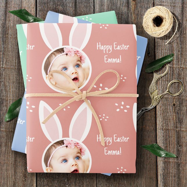 Happy Easter Kid Photo with Bunny Ears Pastel Wrapping Paper Sheets (Creator Uploaded)