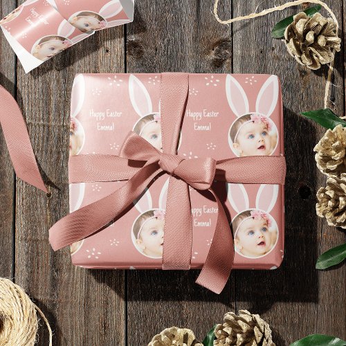 Happy Easter Kid Photo with Bunny Ears Rose Pink Wrapping Paper