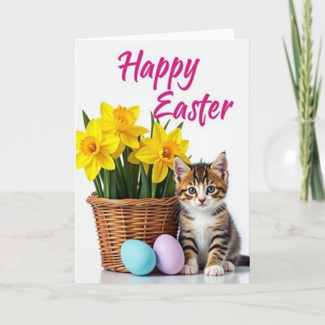 Happy Easter Kitten Flowers Card (Front)
