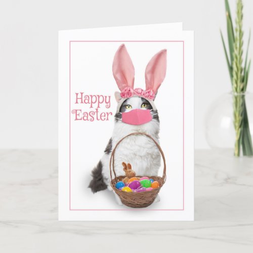 Happy Easter Kitty With Basket Wearing Mask Holiday Card