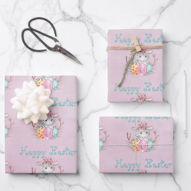 Happy Easter Lamb and Eggs On Pink Wrapping Paper Sheets (Front)