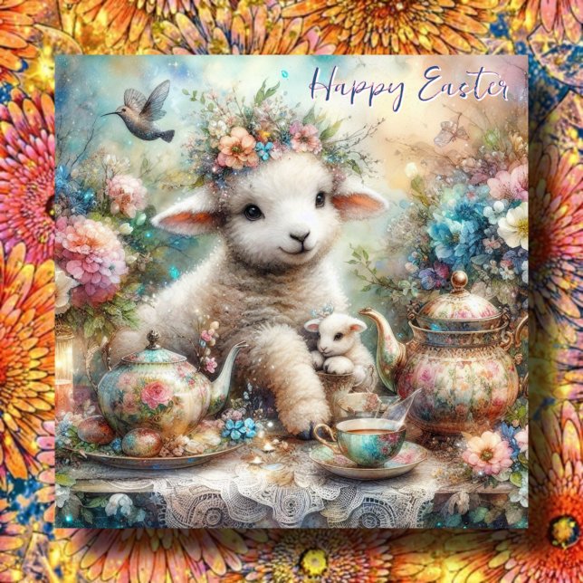 Happy Easter Lamb Watercolor Pastel Tea Garden Holiday Card (Creator Uploaded)