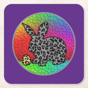 Happy Easter Leopard Print Bunny Rabbit and Egg T Square Paper Coaster