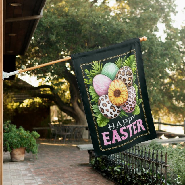 Happy Easter Leopard Print & Sunflower Eggs House Flag (In SItu)