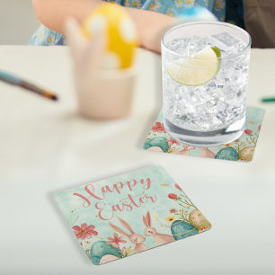 Happy Easter light green watercolor Square Paper Coaster