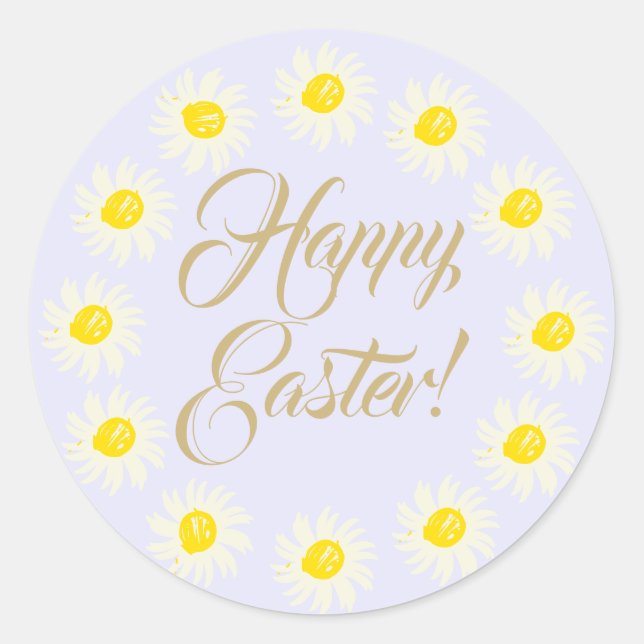Happy Easter lilac script cute daisy floral frame  Classic Round Sticker (Front)