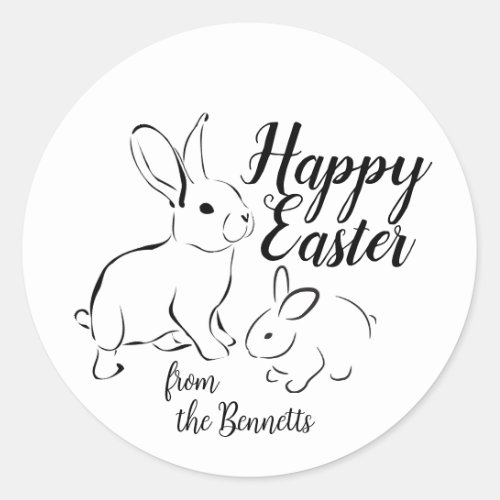 Happy Easter Line Art Bunny Rabbit Editable Name   Classic Round Sticker