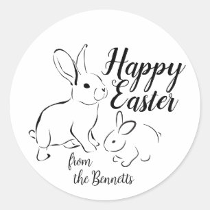 Happy Easter Line Art Bunny Rabbit Editable Name Classic Round Sticker