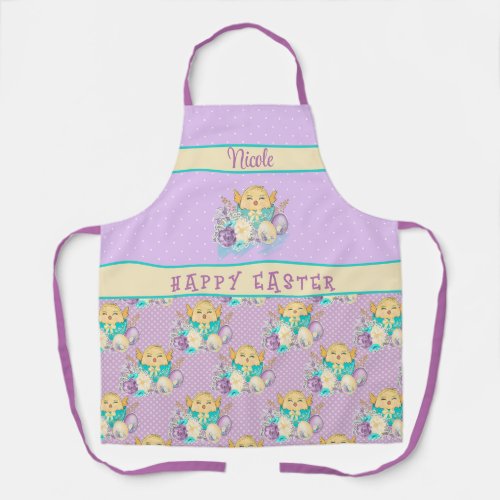 Happy Easter Little Chicks and Purple Polka Dots Apron