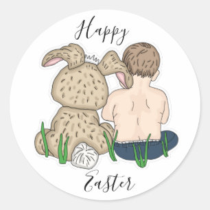 Happy Easter Little Girl and Easter Bunny Classic Round Sticker
