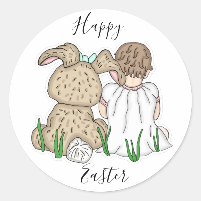 Happy Easter | Little Girl and Easter Bunny Classic Round Sticker (Front)