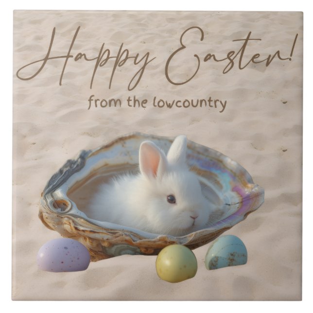 Happy Easter Lowcountry Oyster Shell and Bunny Ceramic Tile (Front)