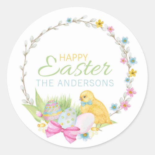 Happy Easter Modern Chick Eggs Floral Wreath Classic Round Sticker