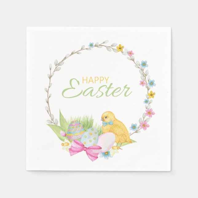Happy Easter Modern Chick Eggs Floral Wreath Napkins (Front)