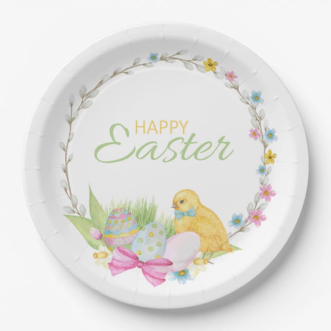 Happy Easter Modern Chick Eggs Floral Wreath Paper Plates (Front)