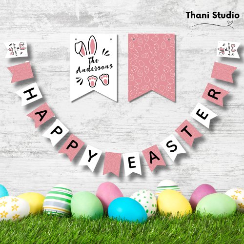 Happy Easter Modern Cute Rabbit Pastel Pink Bunting Flags