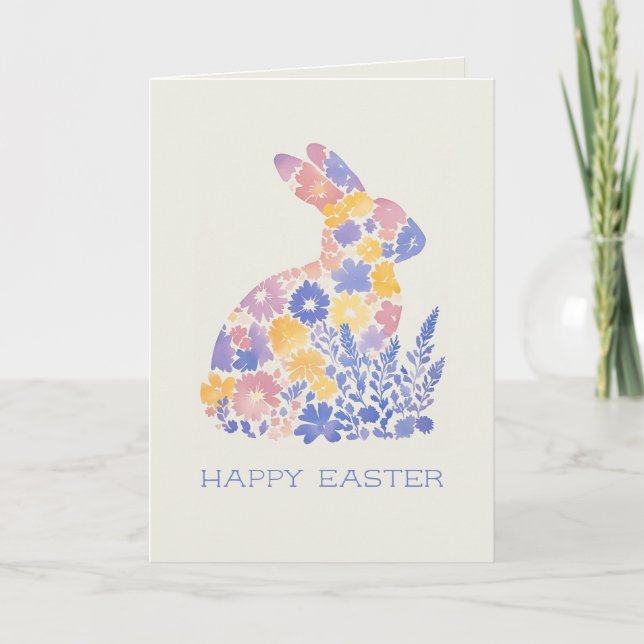 Happy Easter Modern Watercolor Floral Bunny Holiday Card (Front)