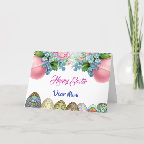  Happy Easter Mom Blue Pink Watercolor Floral Egg  Holiday Card