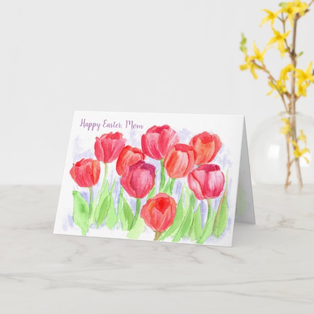 Happy Easter Mom Red Tulip Flowers Card (Yellow Flower)
