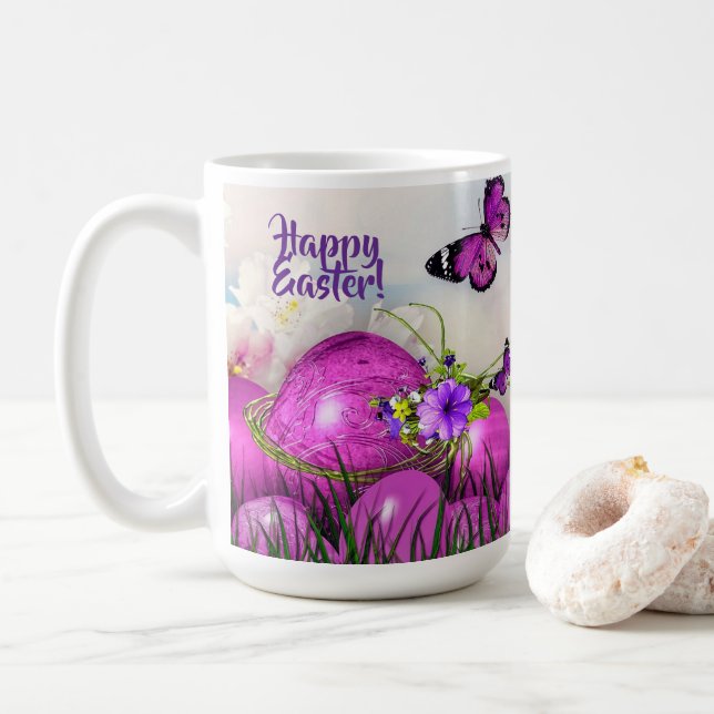 Happy Easter Mug Purple Easter Eggs & Butterflies (With Donut)