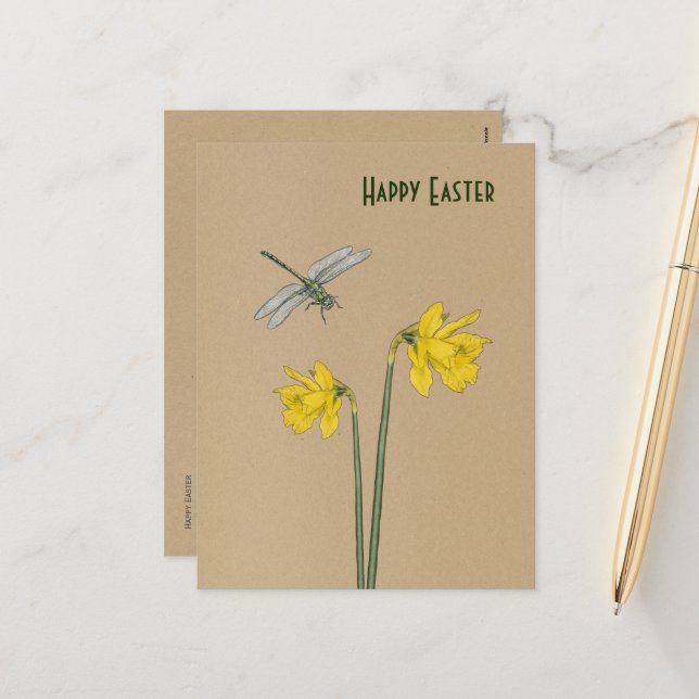Happy Easter, narcissus, daffodil and dragonfly Holiday Postcard (Front/Back In Situ)