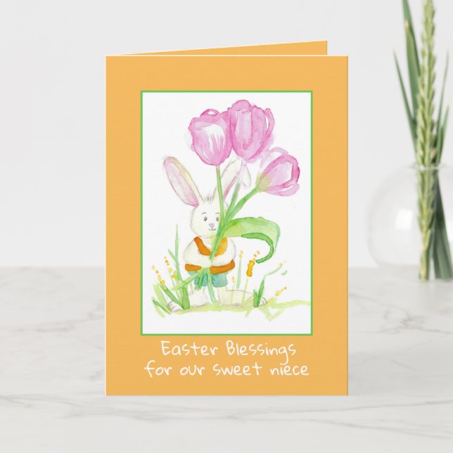 Happy Easter Niece Rabbit Tulip Flowers Card (Front)