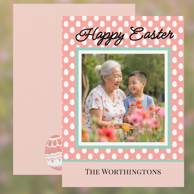 Happy Easter One Photo Peach and Aqua Easter Egg Holiday Card (Creator Uploaded)