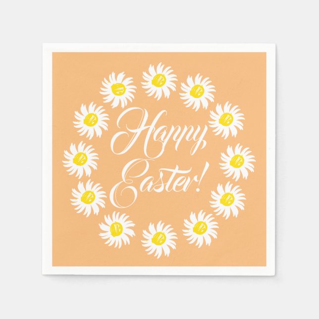 Happy Easter orange script cute daisy cheerful Napkins (Front)