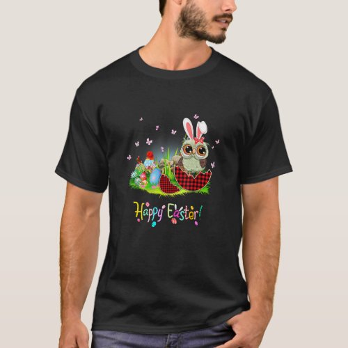 Happy Easter Owl Bunny Ear Red Plaid Easter Egg T_Shirt