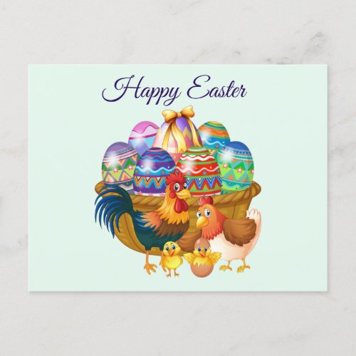 Happy Easter Painted Egg Basket and Chicken Holiday Postcard
