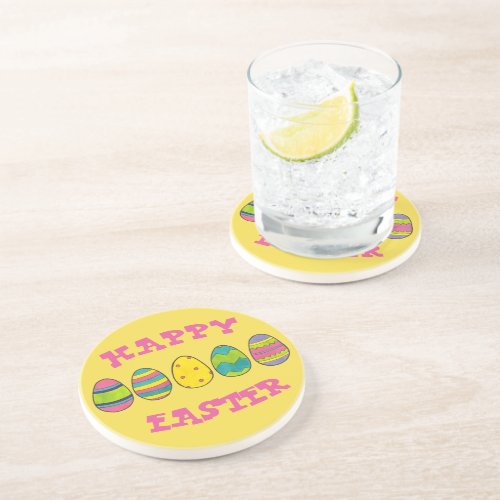 Happy Easter Painted Egg Hunt Eggs Yellow Pink Coaster