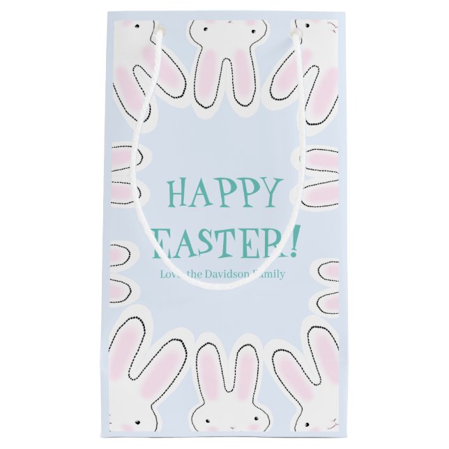 Happy Easter pale blue cute peeking bunnies funny Small Gift Bag (Front)