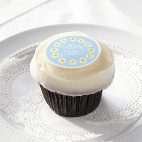 Happy Easter pale blue script cute daisy floral Edible Frosting Rounds