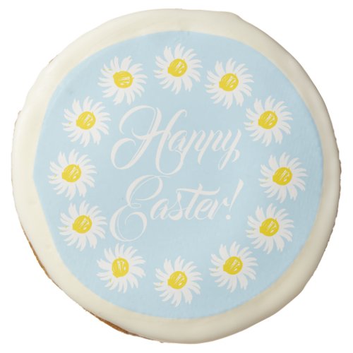 Happy Easter pale blue script cute daisy floral  Sugar Cookie