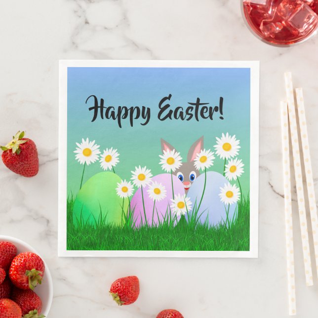 Happy Easter Paper Napkin Bunny Eggs Cute Colorful (Insitu)