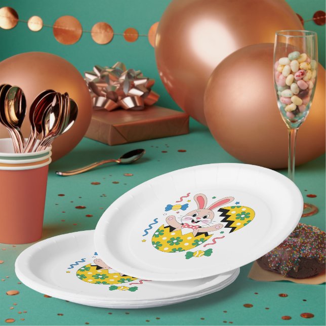 Happy Easter Party Bunny Popping Out of Egg  Paper Plates (Multi)