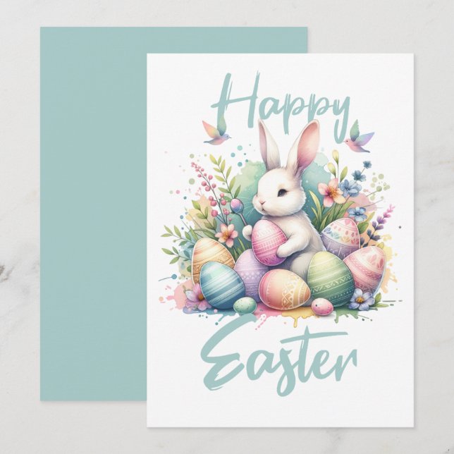 Happy Easter pastel Easter Bunny Egg watercolor Holiday Card (Front/Back)